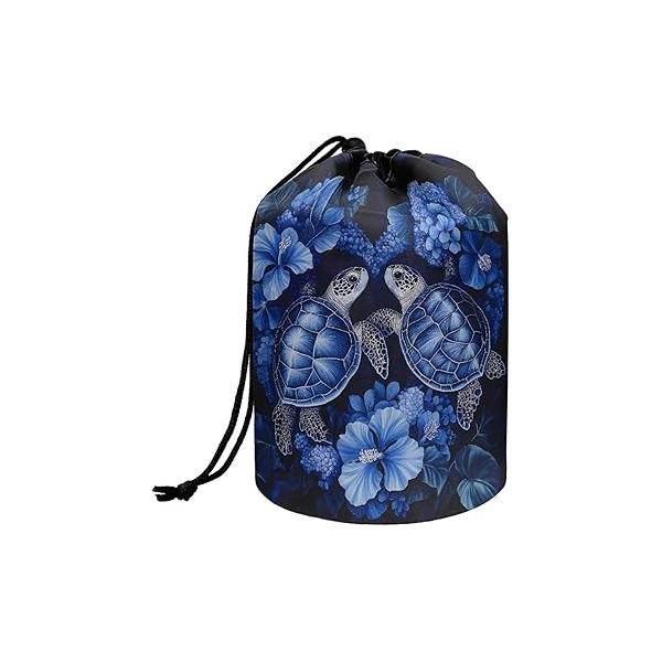 Poceacles Sea Turtle Flower Blue Makeup Bag for Women, Foldable Portable Storage Drawstring Cosmetic Bags Barrel Toiletry Case Organizer Travel Accessories