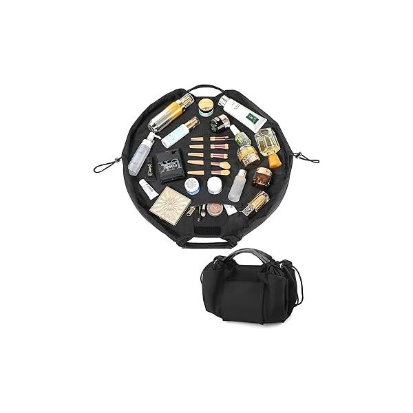 Vomgomfom 20 inch Drawstring Makeup Bag Open Flat,Waterproof Magic Cosmetic Pouch for Women,Pink