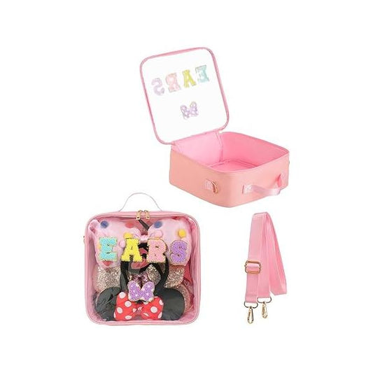 Chenille Letter Bow Mouse Ears Travel Case - Zippered Ear Headband Holder, Hair Accessory Organizer with Shoulder Straps for Women Girls Kids, Makeup Bag & Snack Picnics