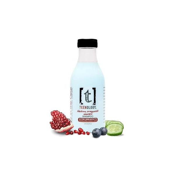 Teenology Shampoo for Teens - Avoid Forehead and Body Breakouts No Sulfates or Parabens, Noncomedogenic, Natural Botanical Extracts, 16 oz. (Blueberry Pomegranate Cucumber)
