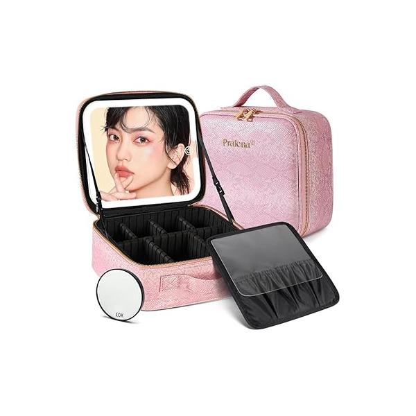 Portable Travel Cosmetic Bag with LED, 3-color Adjustable Organizer, Women's Case, Mirror Makeup Case Rechargeable (Pink)