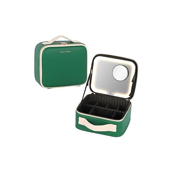 PU Leather Cosmetics Train Case with Removeable LED Lighted Mirror Rechargeable 3 Color Lights Adjustable Brightness Portable Makeup Artist Organizer Dividers (Pink)