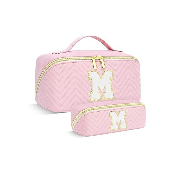 Personalized Initial pink Makeup Bag | Trendy Girls Make up bags, Large Capacity Cosmetic Bags Organizer for Women, Portable Leather Waterproof Open Flat Toiletry Teen friends teacher Gifts A