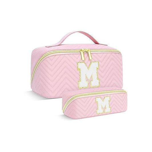 Personalized Initial pink Makeup Bag | Trendy Girls Make up bags, Large Capacity Cosmetic Bags Organizer for Women, Portable Leather Waterproof Open Flat Toiletry Teen friends teacher Gifts A