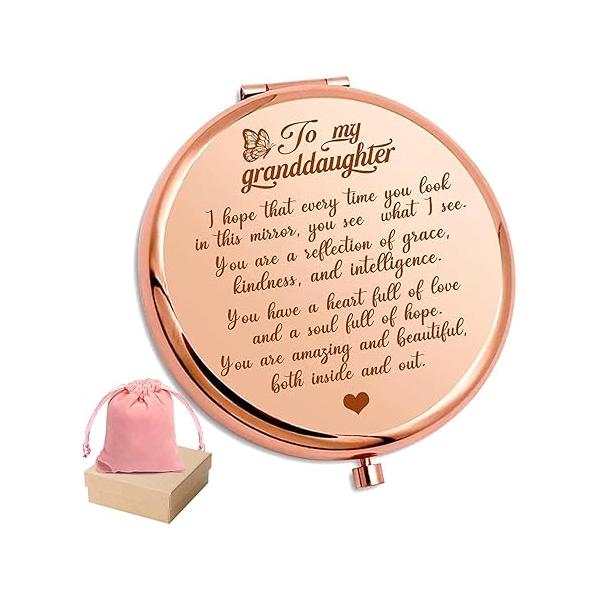 to My Granddaughter - You're Amazing and Beautiful Pocket Mirror, Engraved Compact Family First Mirror Encouragement Gifts from Grandparents (Silver, Granddaughter)