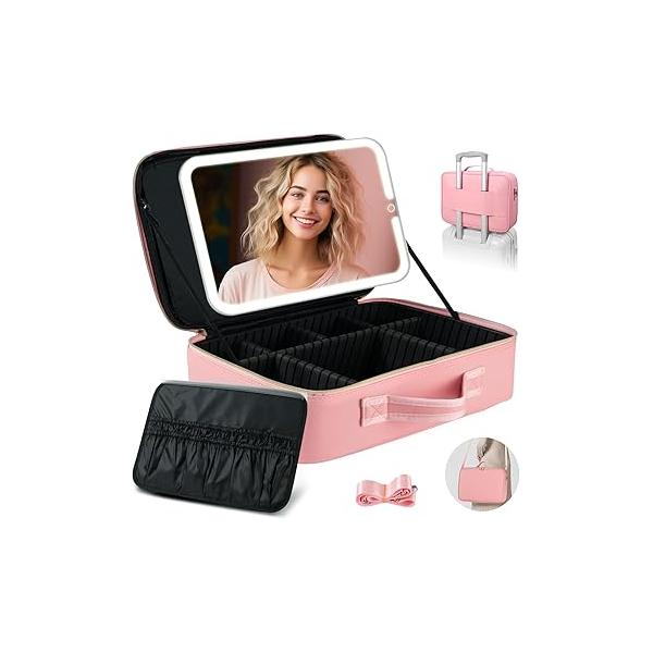 Upgraded Large Travel Makeup Bag with LED Mirror, 15” Professional Case 3 Color Modes Dimming Lighted Light up Cosmetic Make Organizer PU Leather Cover, Adjustable Dividers