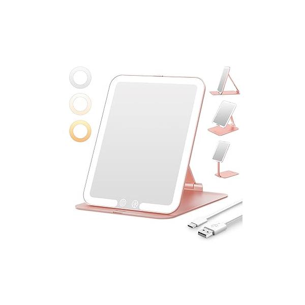 Rechargeable Travel Makeup Mirror with Light, Lighted Compact Vanity 1x/10X Magnification, 3 Dimmable Color LED Lights, Foldable Ultraslim Lightweight Portable Cosmetic