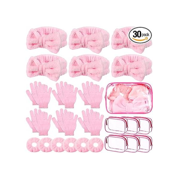 30 Pieces Spa Party Supplies 6 Pink Headband 12 Exfoliating Bath Gloves Velvet Scrunchies Cosmetic Bags Gift Set for Beauty Massage Shower Body Scrubber Slumber Sleepover