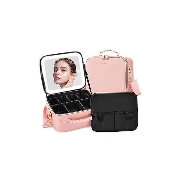 Travel Makeup Bag Cosmetic Organizer with Lighted Mirror, Waterproof Light Up Case for Brush Holder Storage, Large Toiletry Women Gift