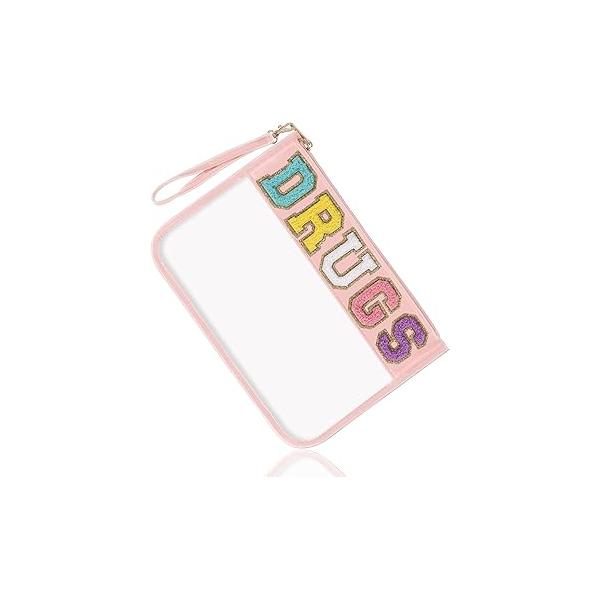Chenille Letter Bag Clear MEDS Makeup Pouch, Preppy Small Medicine Travel Drugs Pills Zipper Pouch with Handle, Nylon Waterproof Portable Meds Toiletry Organizer for Patient Nurse(MEDS-Green)