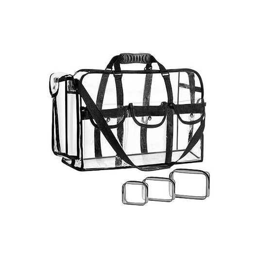 Sanwuta Extra Large Clear Makeup Bag Duffle with 3 Small Cosmetic Transparent Toiletry Organizing Waterproof PVC Travel Artist Pouch Pockets Shoulder Strap