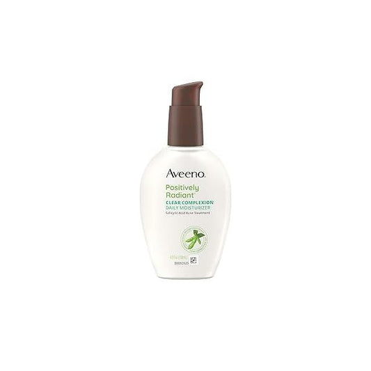 Aveeno Positively Radiant Clear Complexion Face Moisturizer, Acne Facial Moisturizer with Soy and Salicylic Acid for Oily Skin, Hypoallergenic Formula, Paraben-Free, Non-Comedogenic, Pump, 4 FL OZ