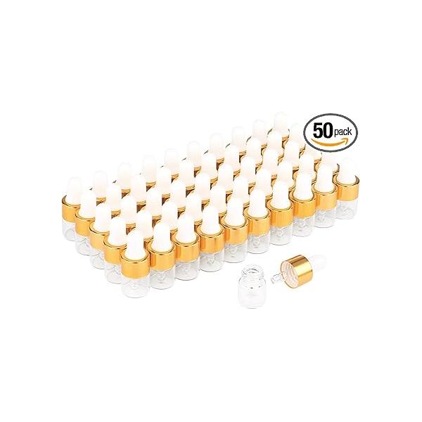 Wresty 50 Pcs Clear Glass Dropper Vails 1ml Mini Essential Oils Sample Bottles For Traveling Perfume Cosmetic Liquid,With 2 pcs dropper