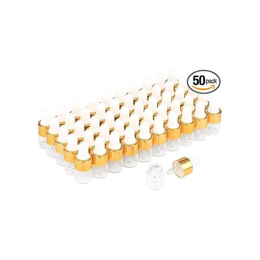 Wresty 50 Pcs Clear Glass Dropper Vails 1ml Mini Essential Oils Sample Bottles For Traveling Perfume Cosmetic Liquid,With 2 pcs dropper