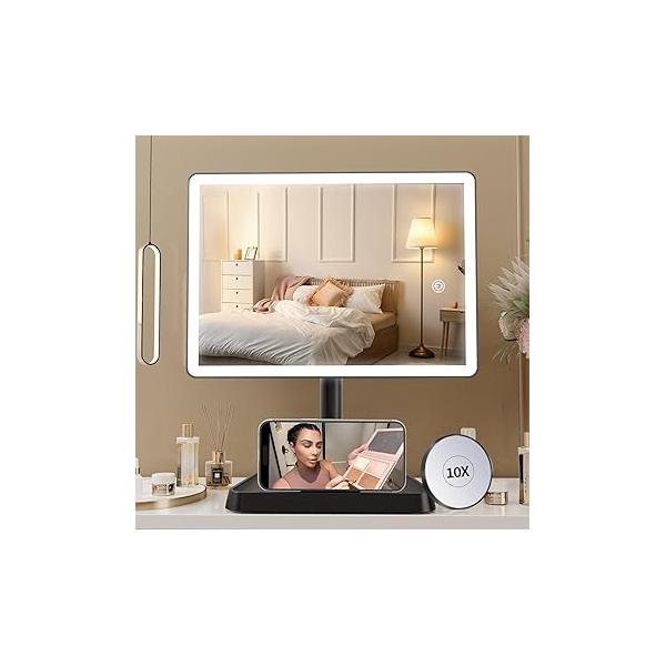 FUNTOUCH Rechargeable Lighted Mirrors for Makeup, 2000mAh, 10X Magnification/3 Color Lighting Portable Tabletop Cosmetic Make Up Mirror, 360° Rotation Led Light up with Storage