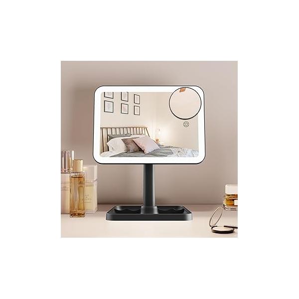 FUNTOUCH Rechargeable Lighted Mirrors for Makeup, 2000mAh, 10X Magnification/3 Color Lighting Portable Tabletop Cosmetic Make Up Mirror, 360° Rotation Led Light up with Storage