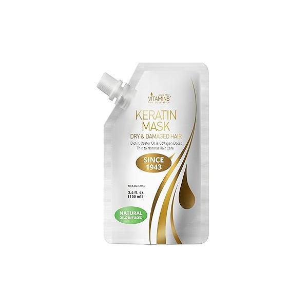VITAMINS hair cosmetics Keratin Hair Mask Deep Conditioner - Biotin Collagen Protein & Castor Oil Repair for Dry Damaged Conditioning Treatment Curly or Straight Thin Fine Locks