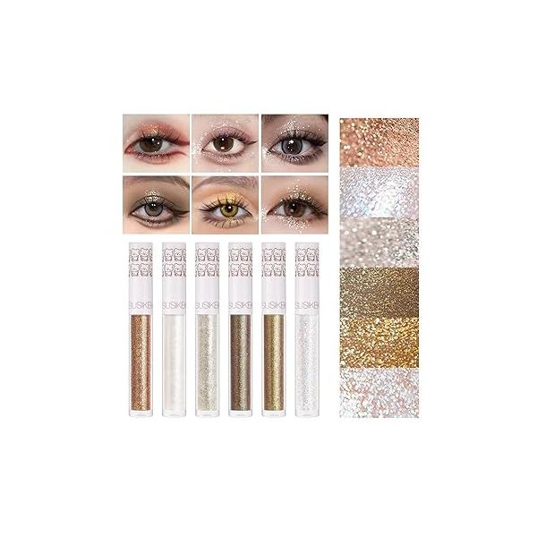 6Pcs Liquid Glitter Eyeshadow Eyeliner, Korean Makeup, Bling Under Eye Shadow, Shimmer Make Up Valentine's Gift Set,Long Lasting,Quick Drying & Pigmented Loose Glue for Crystals Makeup