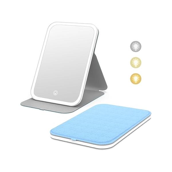 Kintion Travel Makeup Mirror, Portable LED Lighted 360° Rotation Touch Screen Vanity 60 LEDs, 3-Color Dimmable Lighting, Rechargeable Tabletop Folding Cosmetic Pink