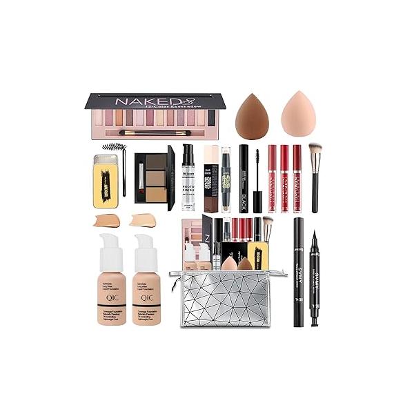 All in One Makeup Kit, Includes 12 Colors Naked Eyeshadow Palette, 5Pcs Brushes, Waterproof Eyeliner Pencils, Eyebrow Powder and Quicksand Cosmetic Bag, Gift Set for Women, Girls & Teens