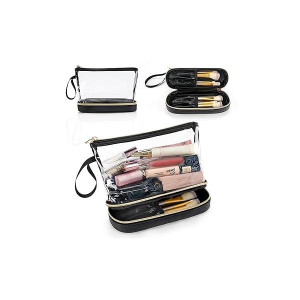 Ethereal Small Makeup Bag, 2 Layers Travel Make up Organizer Bag with Brush Holder, Portable Cosmetic for Women/Girls, Blue Flower