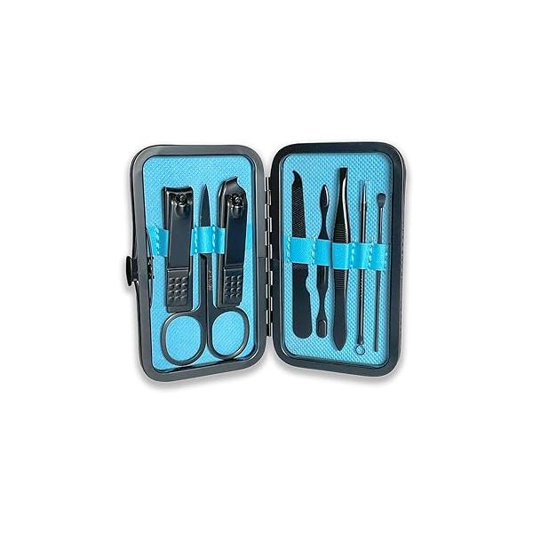 Manicure and Pedicure Kit 8 in 1 Stainless Steel Fingernail & Toenail Clippers with Leather Travel Case, Professional Nail Care for both Men Women. Black Turquoise Blue.