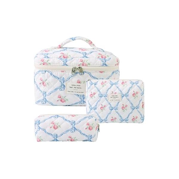 Makeup Bag, 3 PCS Quilted Cute Floral Cotton Cosmetic Bag set, Coquette Pouch Large Travel Toiletry