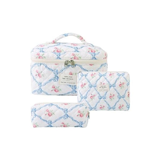 Makeup Bag, 3 PCS Quilted Cute Floral Cotton Cosmetic Bag set, Coquette Pouch Large Travel Toiletry
