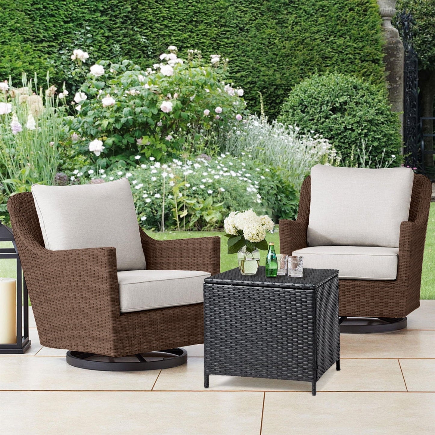 Black PE Rattan Outdoor Side Table with Storage - Square Patio End Table for Furniture Covers, Gardening Tools, and Toys