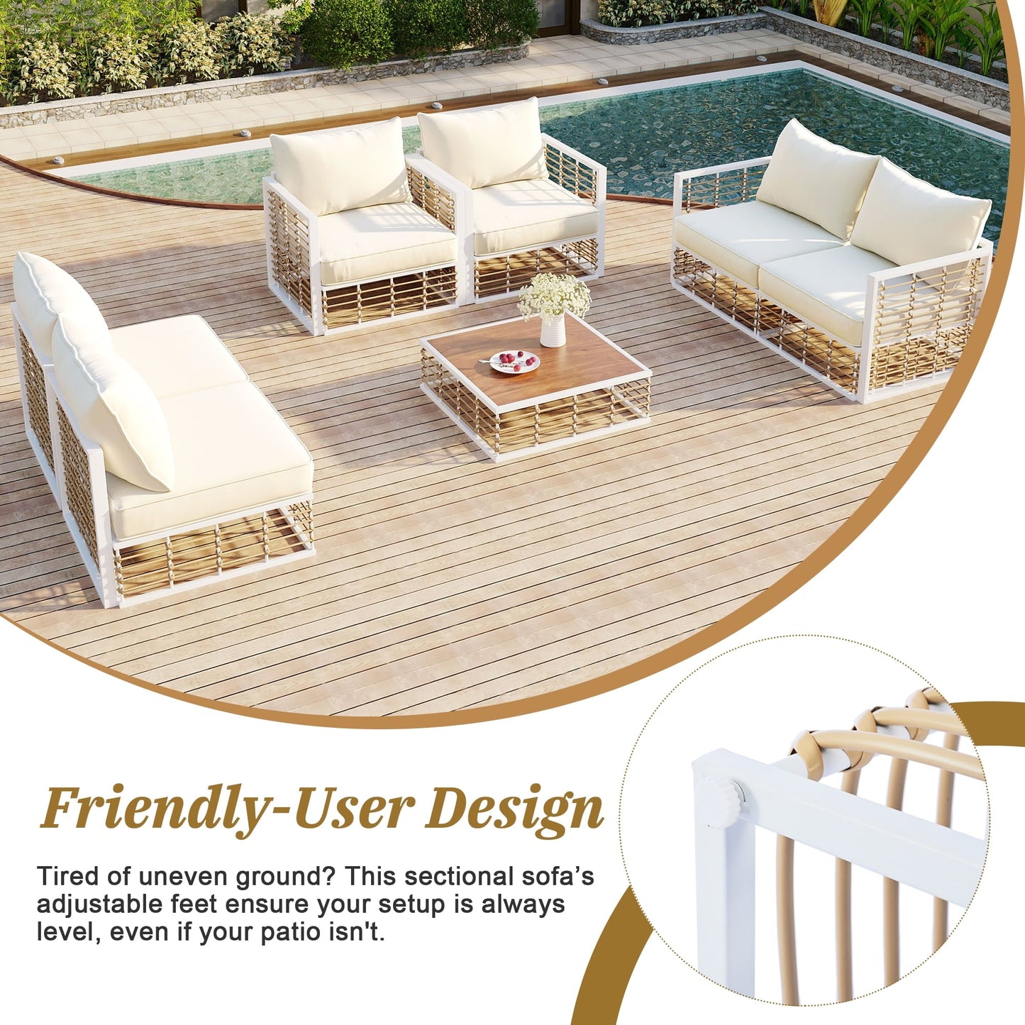 Olurrisa 7-Piece Metal Patio Sectional Sofa Set, All-Weather Garden Conversational Furniture Set with Thick Cushions and Coffee Table Modern Minimalist for Indoor Outdoor, White