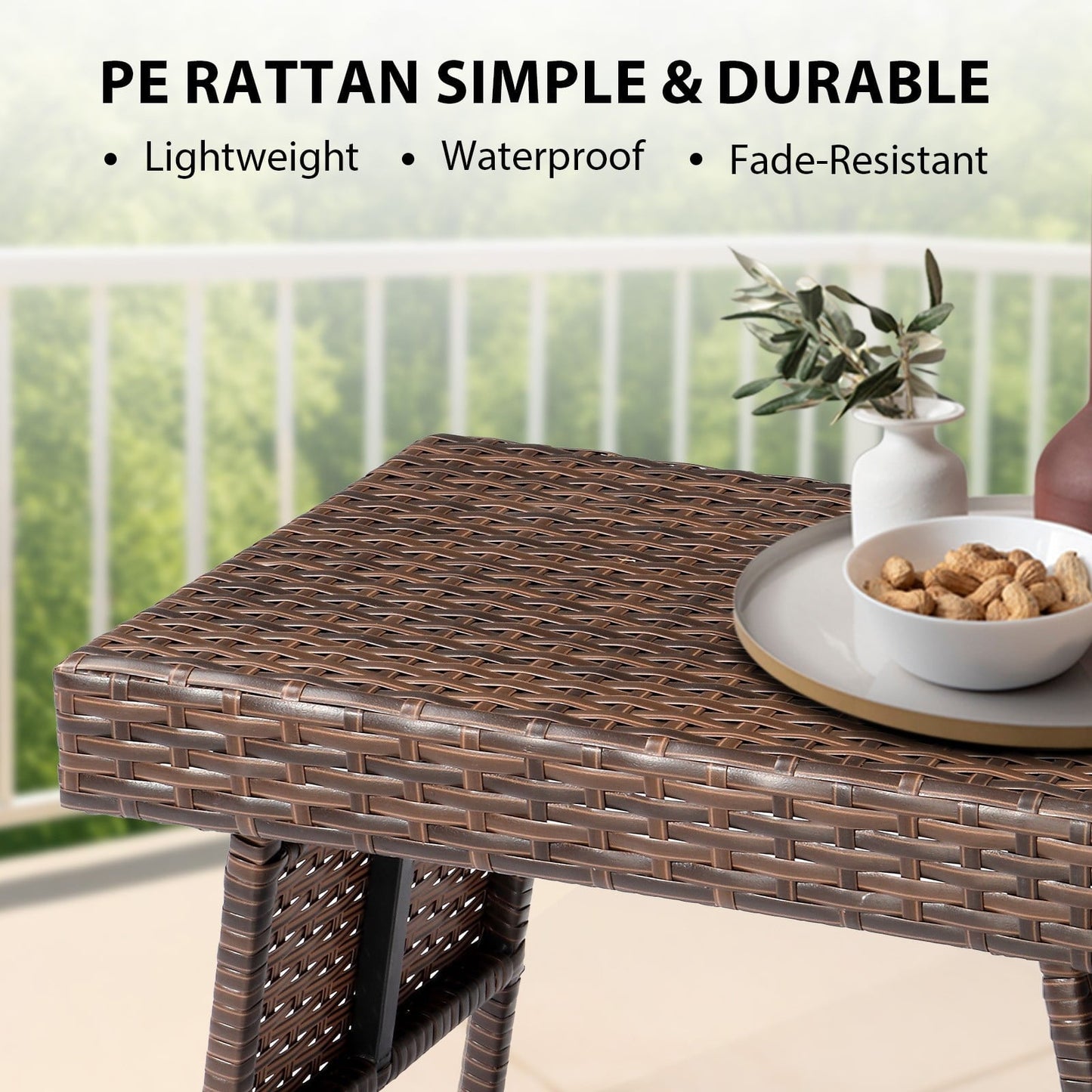 PORJGV Portable Indoor/Outdoor Folding Rattan Side Wicker Coffee Table with PE Wicker & High-Duty Steel Frame, Brown